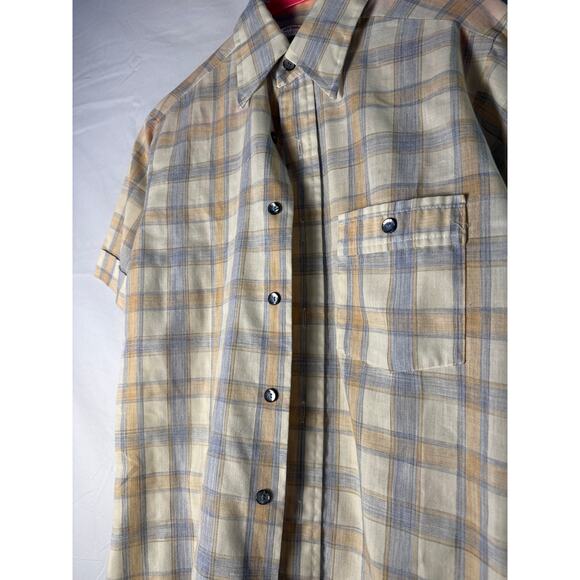 Vintage 70s-80s Wrangler Cream Blue Plaid Button Up Short Sleeve Shirt Men Small - Picture 3 of 4